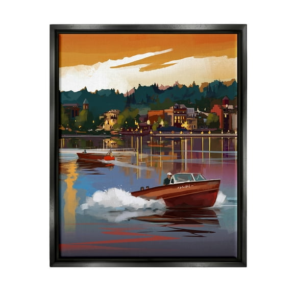 Stupell Industries Boats at Sunset Pier Transportation Painting Black Floater Framed Canvas Art Print Wall Art, 17 x 21