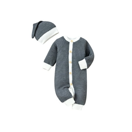 

Gureui Toddler Baby Infant Girl Boy Cable Knit Romper Outfit Long Sleeve Button Down Sweater Jumpsuit with Hat