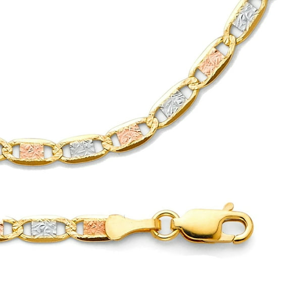Solid 14k Yellow White Rose Gold Necklace Valentino Chain Diamond Cut Link Tri Color 3.3 mm 18 inch