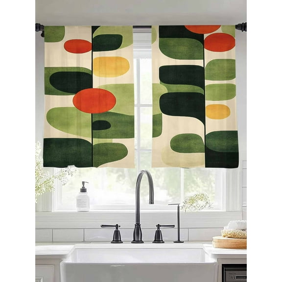 Green Abstract Sheer Curtains for Living Room Bedroom Middle Century Minimalist Lines Sheer Curtains 54 Inch Long 2 Panels Set Light Filtering Curtain Window Treatments Drapes for Dining Room