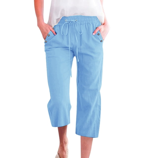Capri Pants for Women Causal Summer Cotton Linen Pants Drawstring Elastic Waist Loose Fit Lounge Capris with Pockets