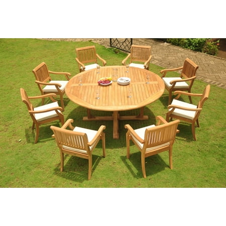 Teak Dining Set: 8 Seater 9 Pc: 72" Round Dining Table And 8 Arbor Stacking Arm/Captain Chairs Outdoor Patio Grade-A Teak Wood WholesaleTeak #WMDSAB62
