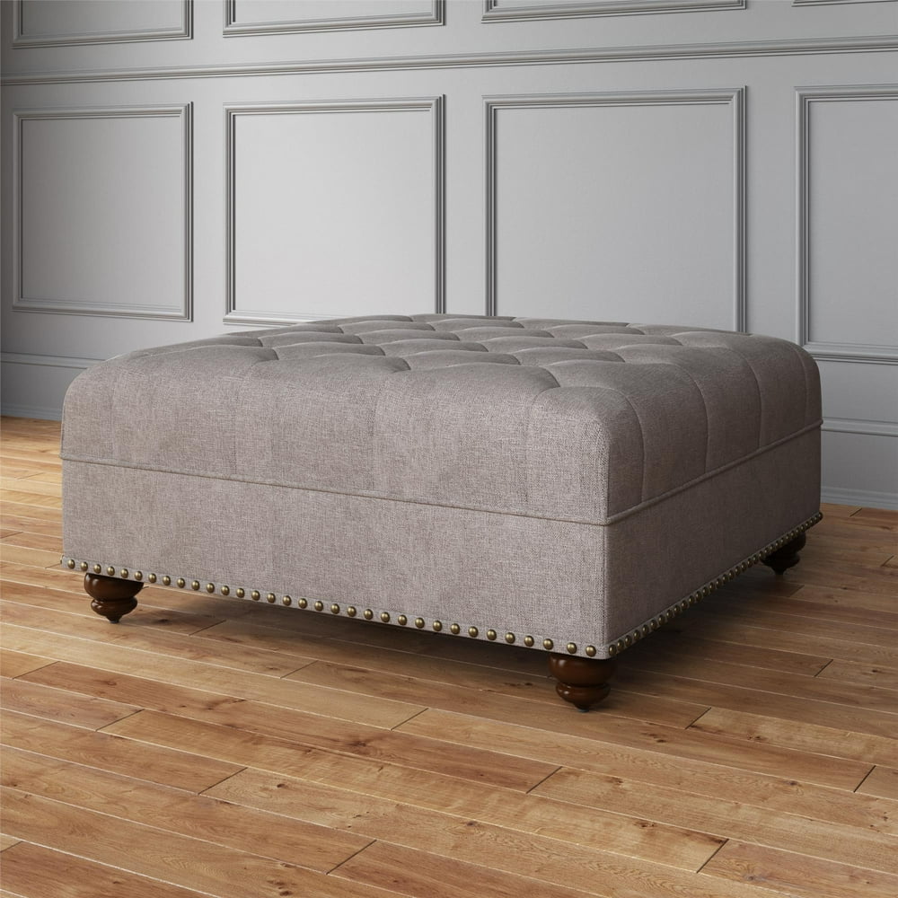 Dorel Living Hastings Square Tufted Ottoman with Nailheads, Beige