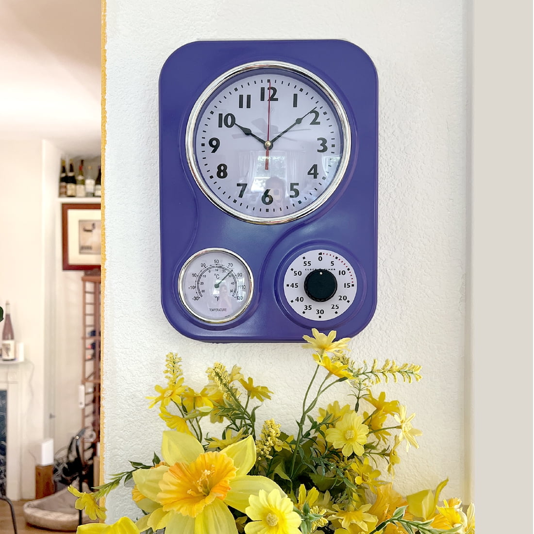 Lily's Home Reloj de pared retro para cocina, con termómetro y temporizador  de 60 minutos, ideal para cualquier cocina, amarillo (9.5 x 13.3 pulgadas)