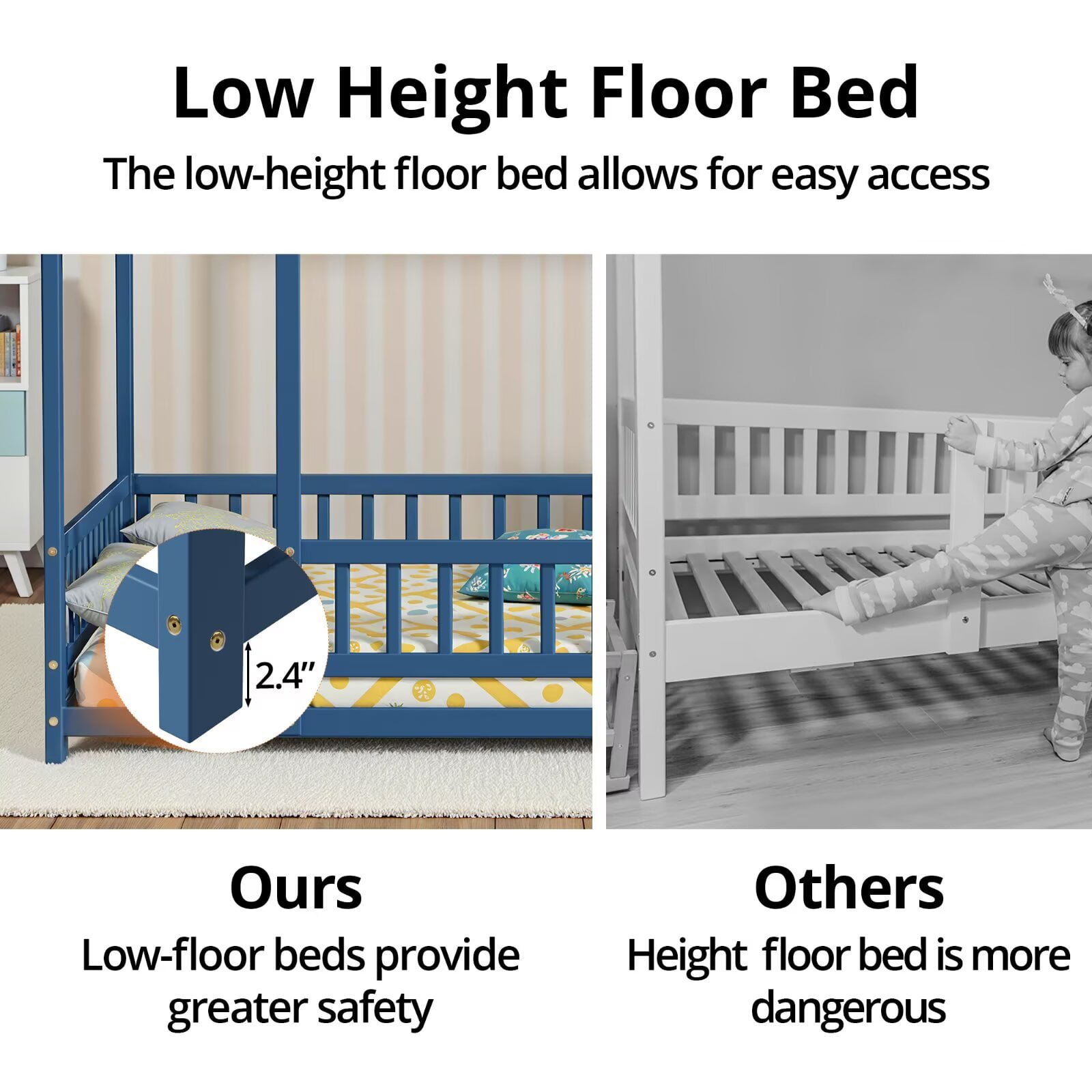 Full Size Montessori Floor Bed Frame Fence, Wooden House Bed for Boys Girls Bedroom, Mist Blue (without Slats)
