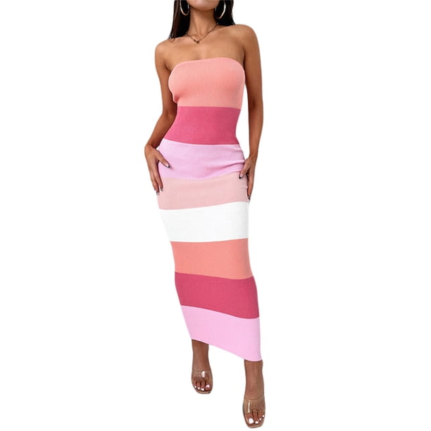Lucakuins Mujer Bodycon Maxi Vestido Largo, Verano Sin Mangas Bandeau Contraste Color Acanalado Vestido de Punto Lucakuins moda