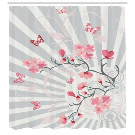 Blooms Stripe - Nature Shower Curtain, Cherry Blooming Butterflies on Stripes Sun Rays Curvy Lines Ornamental Artwork, Fabric Bathroom Set with Hooks, Pale Grey Pink, by Ambesonne