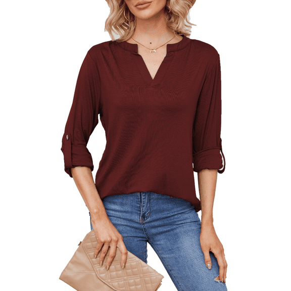 Womens Blouses 3/4 Sleeve Shirts for Women Long Sleeve V Neck Tunic Tops(WineRed XL)