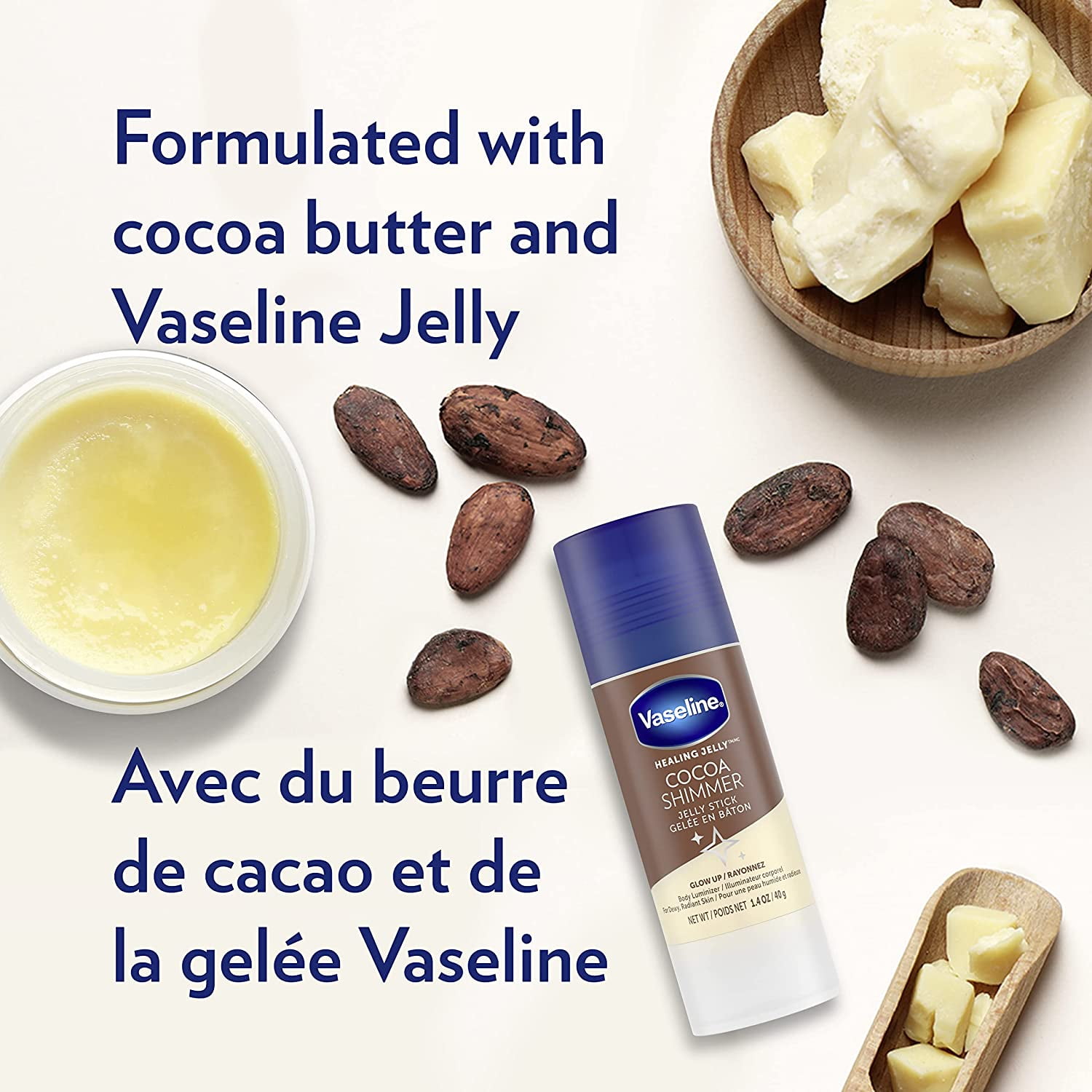 Vaseline Intensive Care Cocoa Radiant 3-Piece Bundle - Moisturizing Lotion (20.3 oz), Healing Jelly (7.5 oz), Shimmer Stick (1.4 oz) for Sensitive, Dry Skin
