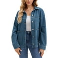 thumbnail image 2 of INSPIRE CHIC Women's Coat Denim Flat Collar Long Sleeve Button Down Casual Shacket with Pockets  L Dark Blue, 2 of 6