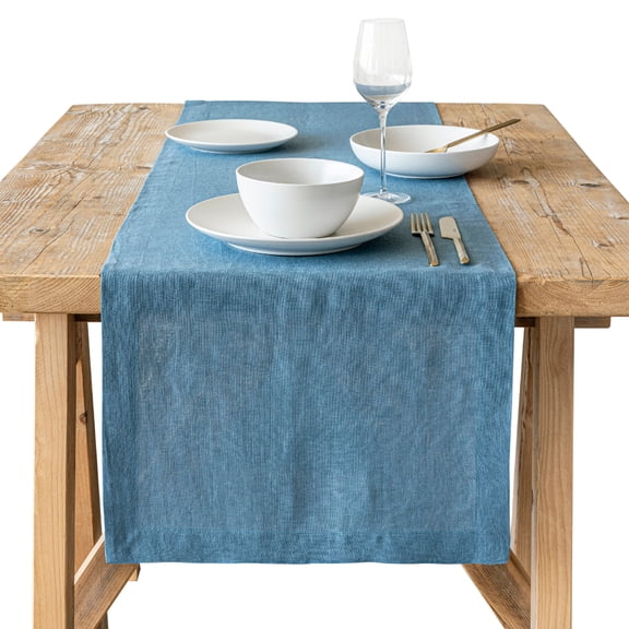 over&back 18x90 Washed 100% Linen Table Runner - Washable Table Runners for a Custom Home Decor Tablescape - Perfect for Coffee Table, Dinner Table, Living Room, and More - Blue