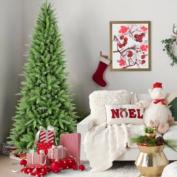 Christmas Tree 7.5FT Slim Christmas Tree – 1396 Tips, PE PVC Branches, Hinged Design for Easy Setup, Stable Metal Stand – Ideal for Corners & Small Spaces,Flocked Christmas Tree