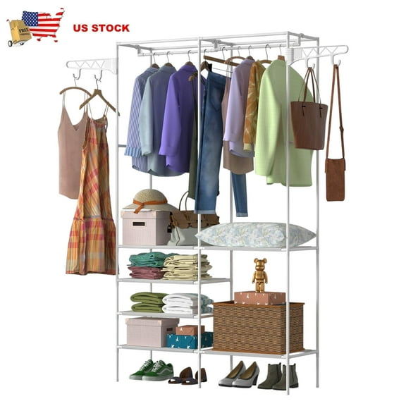 IVV Garment Rack, 4 Tiers Freestanding Closet Organizer System with 2 Rotatable Side Hooks, Metal Storage Clothes Rack with Hanger Rod and Non-Woven Fabric Shelf, 42.1"L x 14.2"W x 66.1"H, White