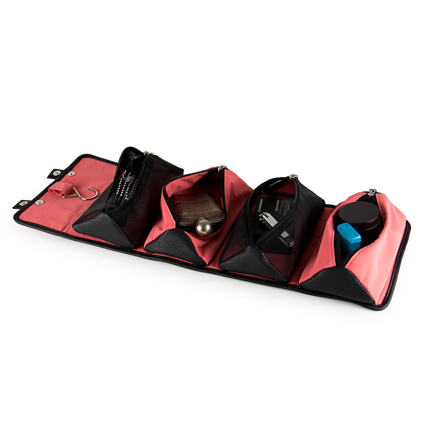 4-in-1 Compact Travel Organizer – Fold-Flat Hanging Toiletry & Accessory Bag with 2 Privacy Compartments & 2 Mesh Pockets, Water-Repellent Faux Leather Case