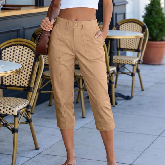 Ynynloco Womens High Waisted Cropped Capri Pants High Waisted Button Up Stretchy Straight Pants Trousers with Pockets