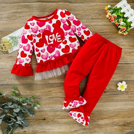

Christmas Toddler Baby Girl Clothes Romantic Heart Printed Long Sleeve Ruffle Tops Pants Headband Outfits Set