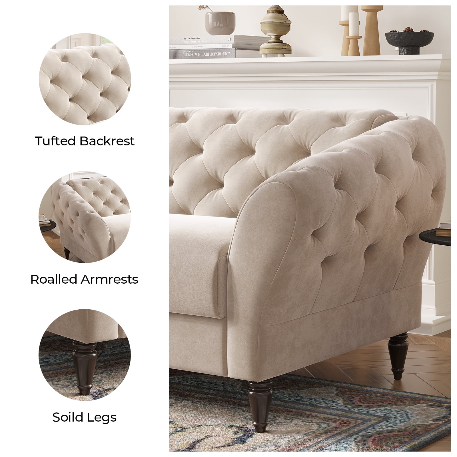 COPIAE 82 Inch Chesterfield loveseat Sofa,Tuxedo Arms Modern Couch Sturdy and Easy Installation, Small Sofa for Living Room Bedroom Office and Apartment,Velvet Fabric Beige