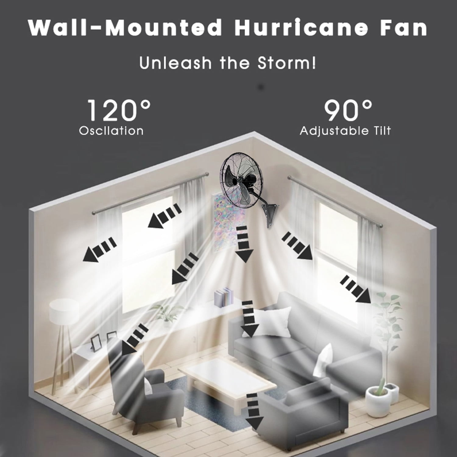 24in Wall Mount Fan, 3-Speed Industrial Wall Fan up to 8000CFM, 120°Oscillating High Airflow Cooling Fan for Garage,Home,Warehouse, Indoor/Outdoor Use, Black