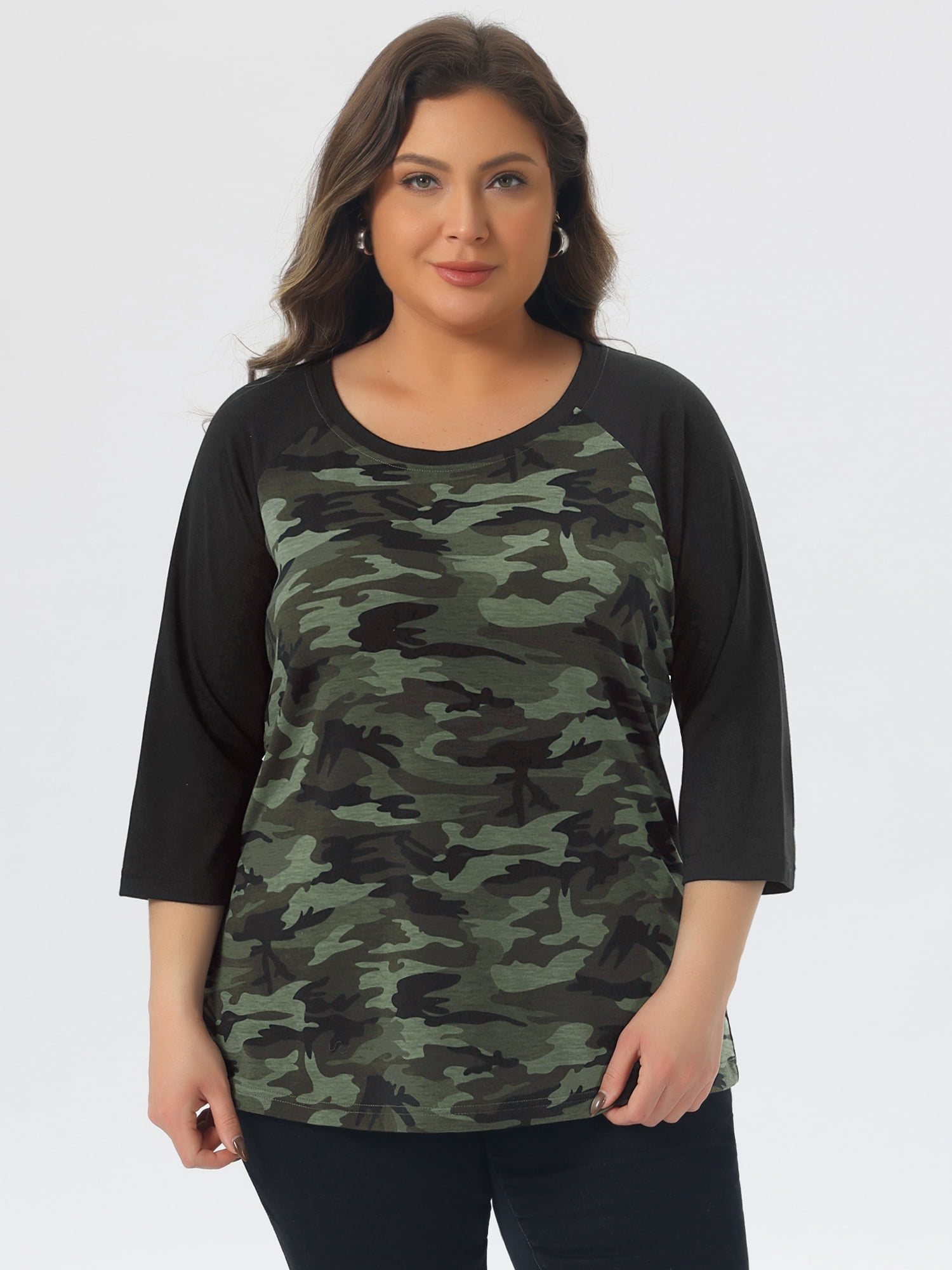 DARING DIVA Women's Plus Size Raglan Crewneck 3/4 Sleeve Floral Tunic Tee 4X Camouflage