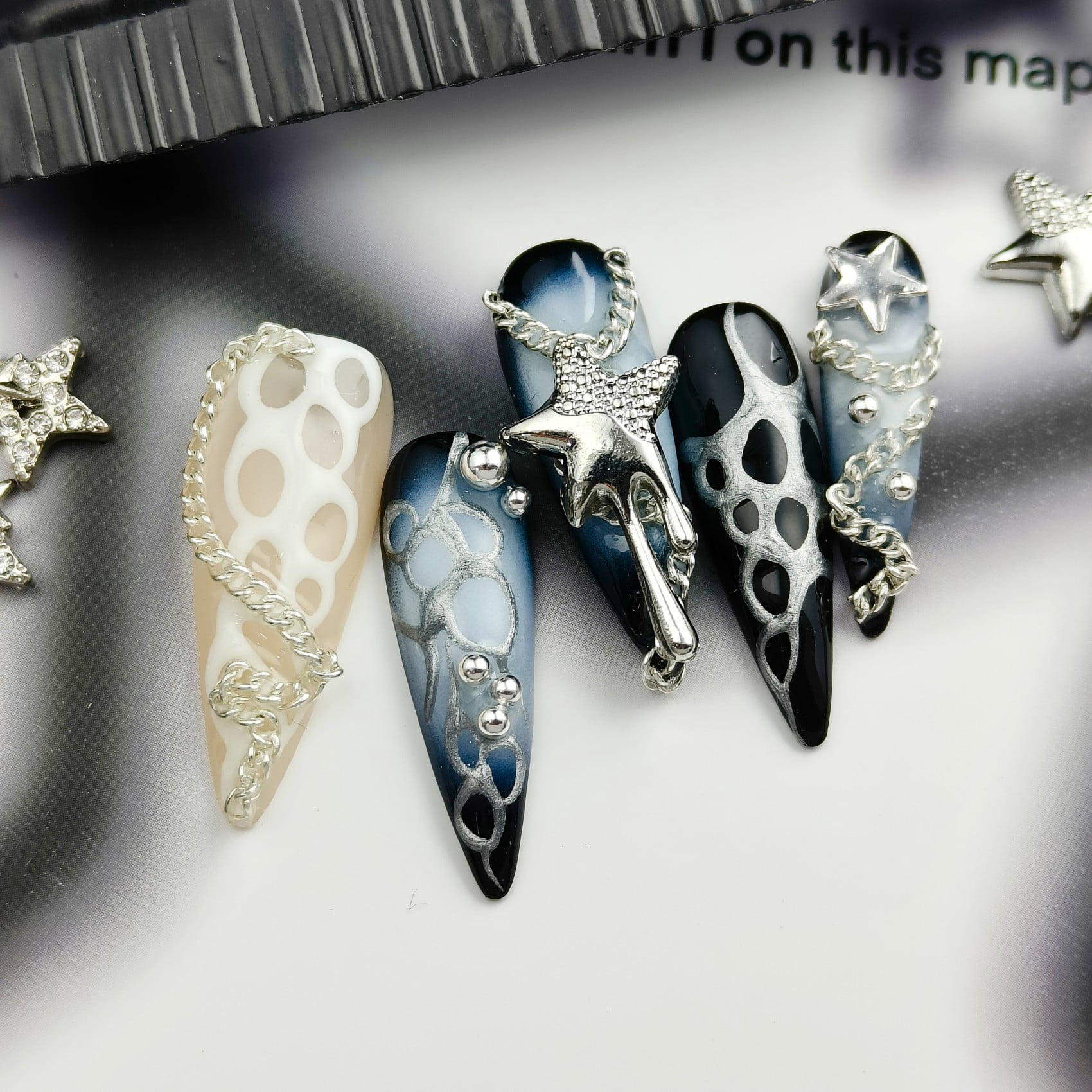 Handmade Press-On Nails with Silver Star and Chain 3D Accents