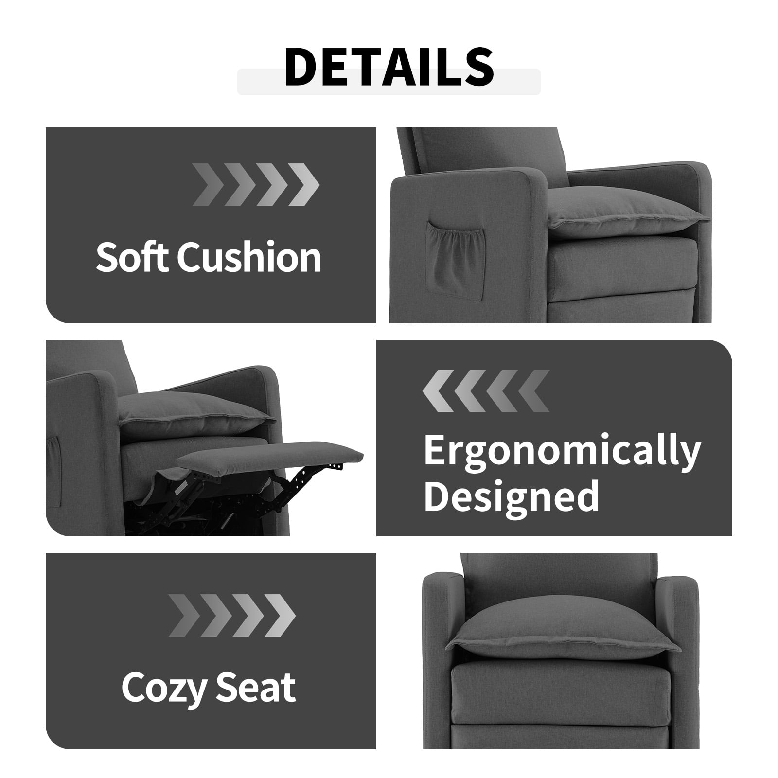 Techmilly Upholstered Glider Recliner Rocking Chair and Nursery Recliner for Nursery and Living Room, Bedroom, Linen Dark Gray