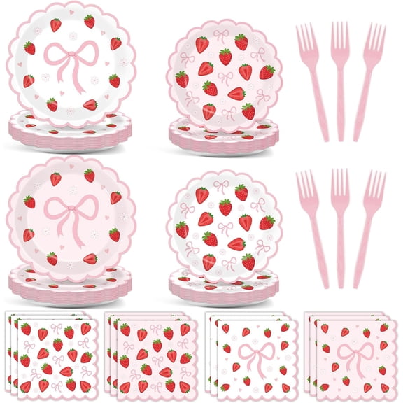96Pcs Strawberry Party Plates and Napkins Bow Berry Sweet Scalloped Birthday Plates Party Supplies Pink Coquette Strawberry Tableware for Girls Baby Shower Wedding Birthday Decor 24 Guests