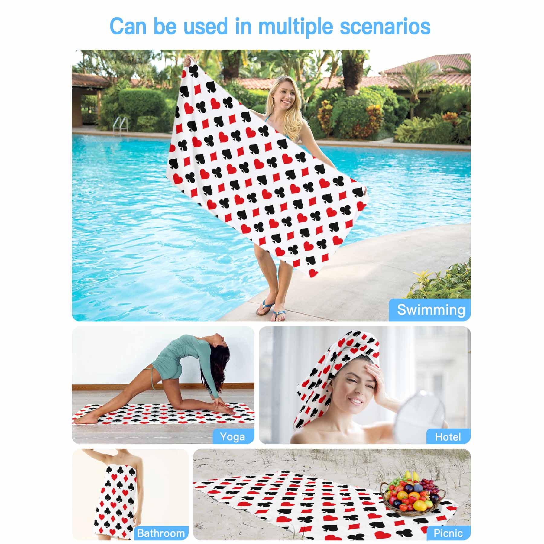 Poker Game Texture Beach Towels Blanket Soft&Absorbent Quick Dry Microfiber Red Black Casino Pattern Pool Towels for Swimming ,Yoga, Sports, Gym, Camping,Large 30X60in,