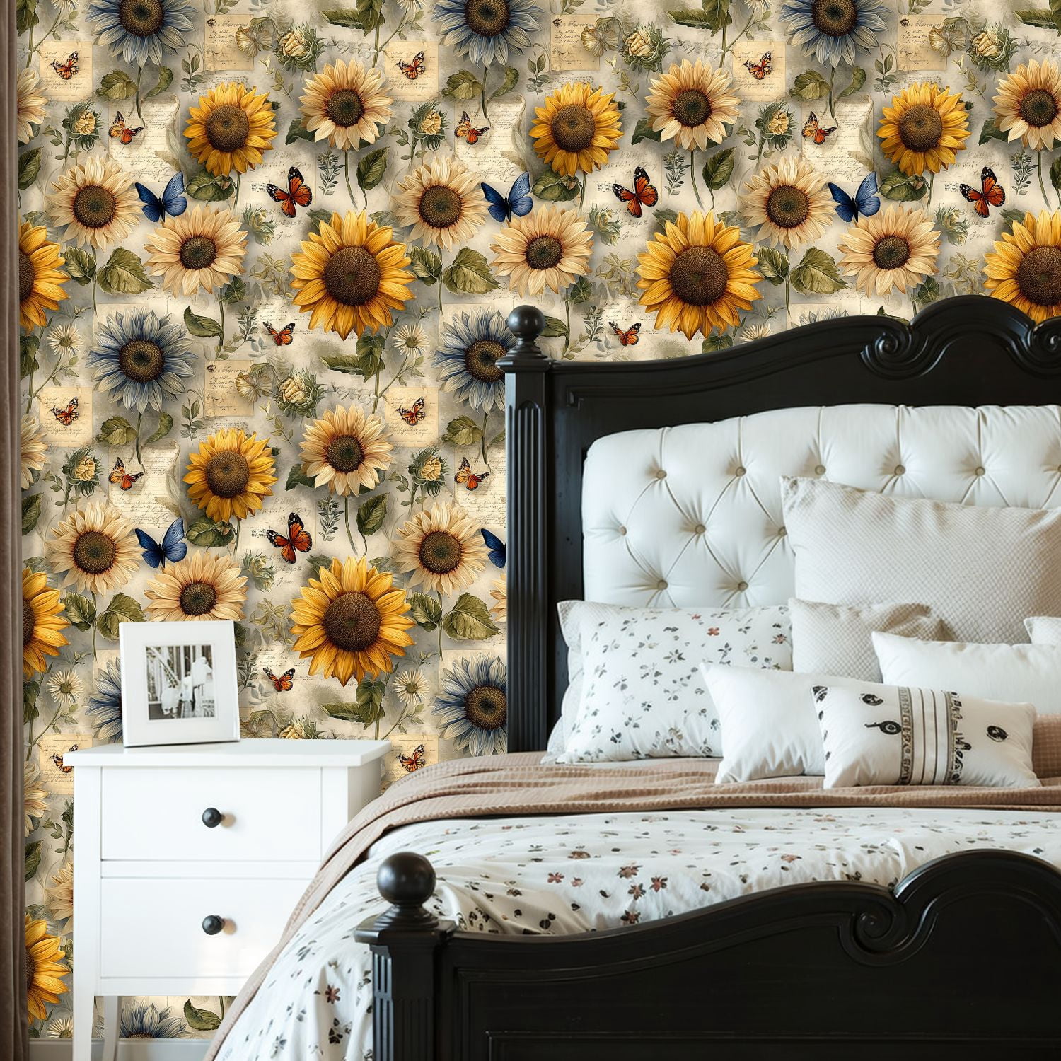 Peel and Stick Wallpaper Vintage Sunflowers Butterflies Botanical Notes Wall Mural 23.6in x 9.8ft Self Adhesive Removable Wall Paper Renter Friendly Wallpaper for Nursery Bedroom Cabinets