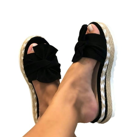 

UKAP Ladies Womens Espadrille Bowknot Platform Slip On Heel Wedge Summer Sandals Sliders