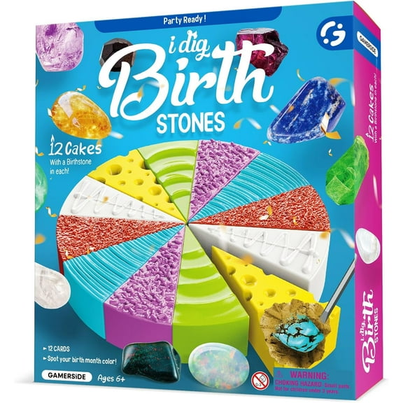 Piano Potato Birthday Stone Dig Kit for Kids Ages 6 , Dig up 12 Genuine Birthstones with Cake-Shaped Block, STEM Geology Science Kit with Learning Cards, Perfect Birthday & Holiday Gift