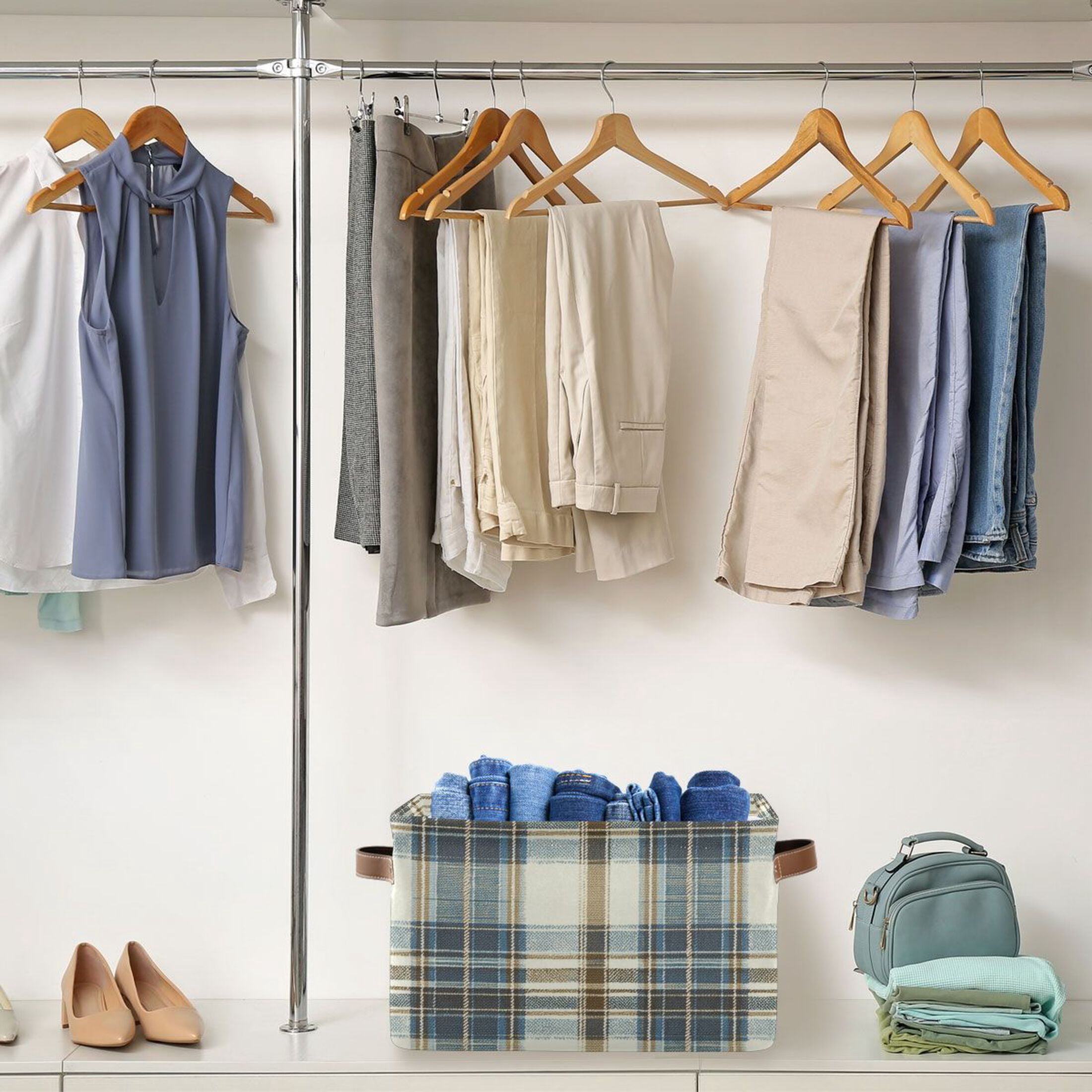 Blue and White Tartan Foldable Storage Basket,Canvas Fabric Foldable Storage Bins with Handles Open Home Storage Bins Boxes for Toy Book Shelf Closet Baskets