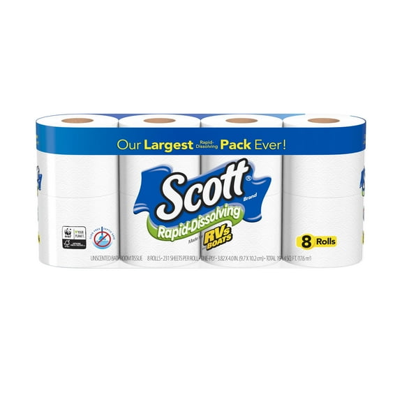 Scott Rapid-Dissolving Toilet Paper for RVs & Boats, 8 Double Rolls