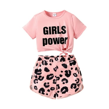PatPat Kid Girl 2 Pieces Outfits Letter Graphic Tee and Leopard Print Athletic Shorts Summer Set Sizes 5-12