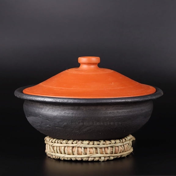 Exclusive Range Unglazed Clay Kadai With Lid 2 Liters | Earthen Pots For Cooking & Serving With Lid, Stone Polished For Mirror Finish   Free Ash For Cleaning