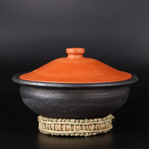 Exclusive Range Unglazed Clay Kadai With Lid 2 Liters | Earthen Pots For Cooking & Serving With Lid, Stone Polished For Mirror Finish + Free Ash For Cleaning