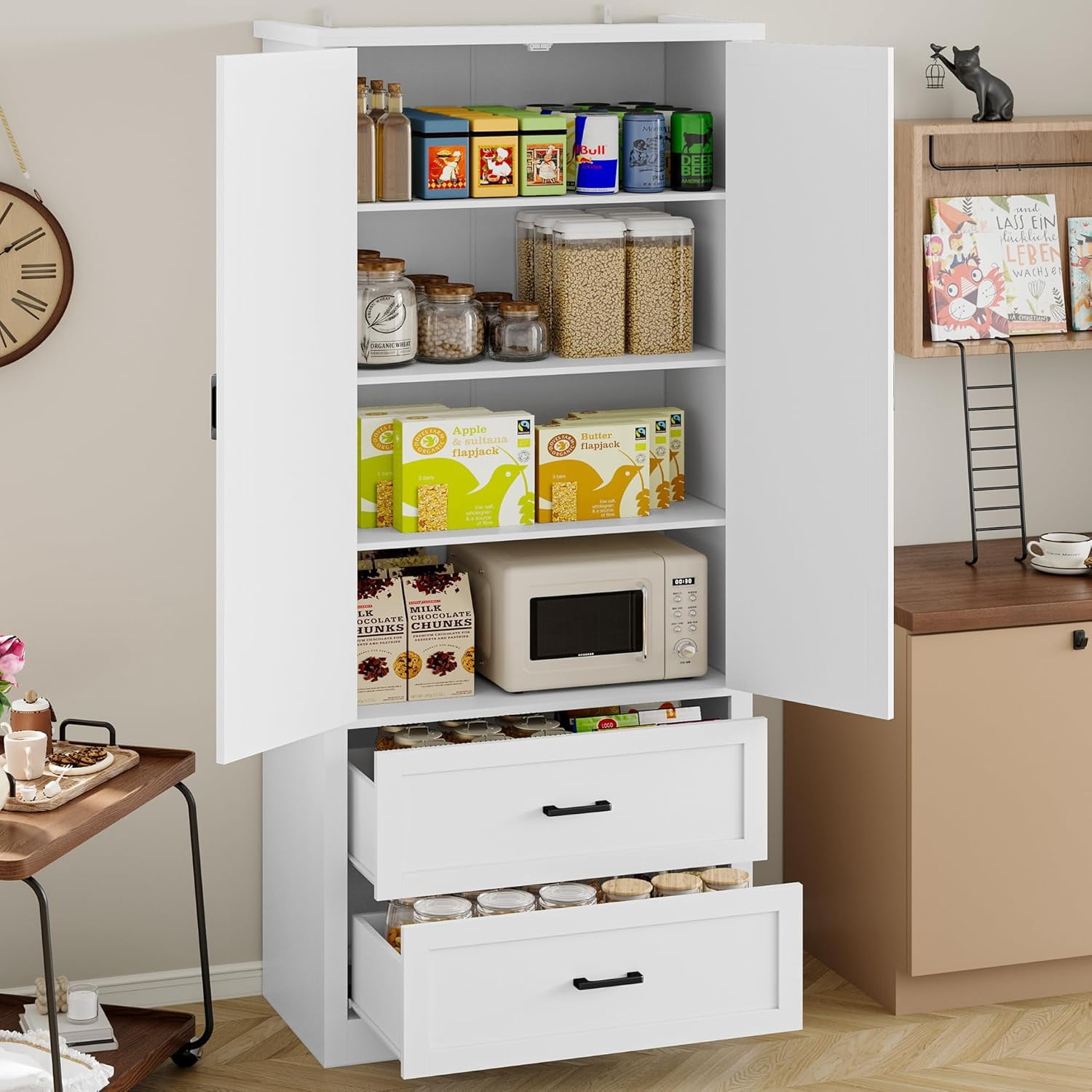 FANRAL 71” Tall Pantry Organizers and Storage Cabinet with Barn Doors & Drawers,Adjustable Shelf for Kitchen Dining Room Living Room Bathroom Office,White Pantry Cabinet