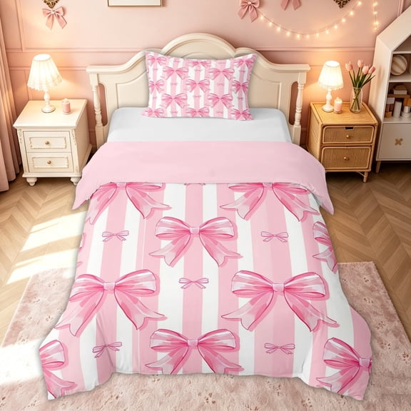 meiyoeat Watercolor Bow Stripe Twin Duvet Cover for Kids Girls, Girly Pink Ribbon Twin Bedding, Pink Reversible, 2pcs