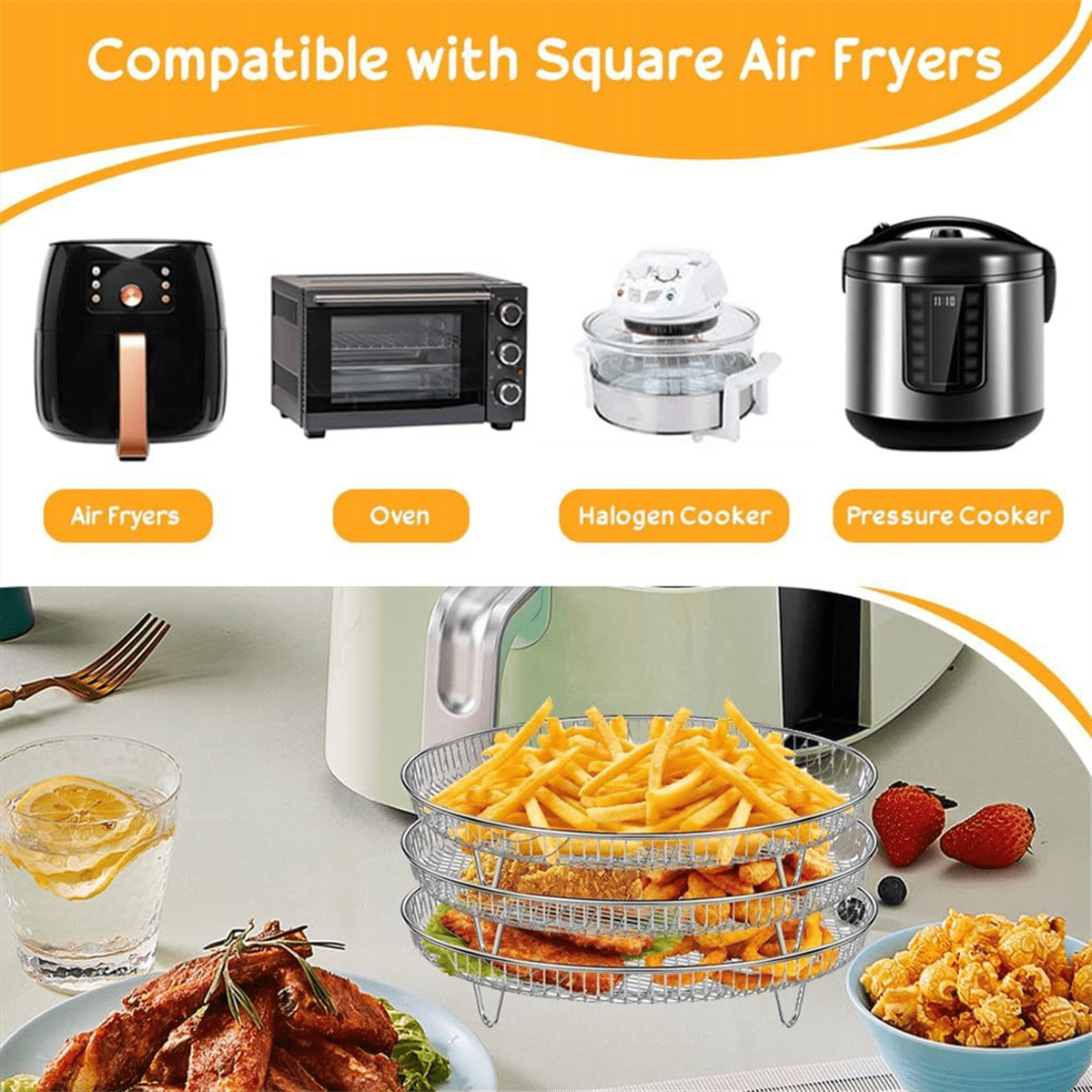3 Layer Stackable Stainless Steel Air Fryer Dehydration Racks With Oil Brush & Food Clip - Accessory Tray