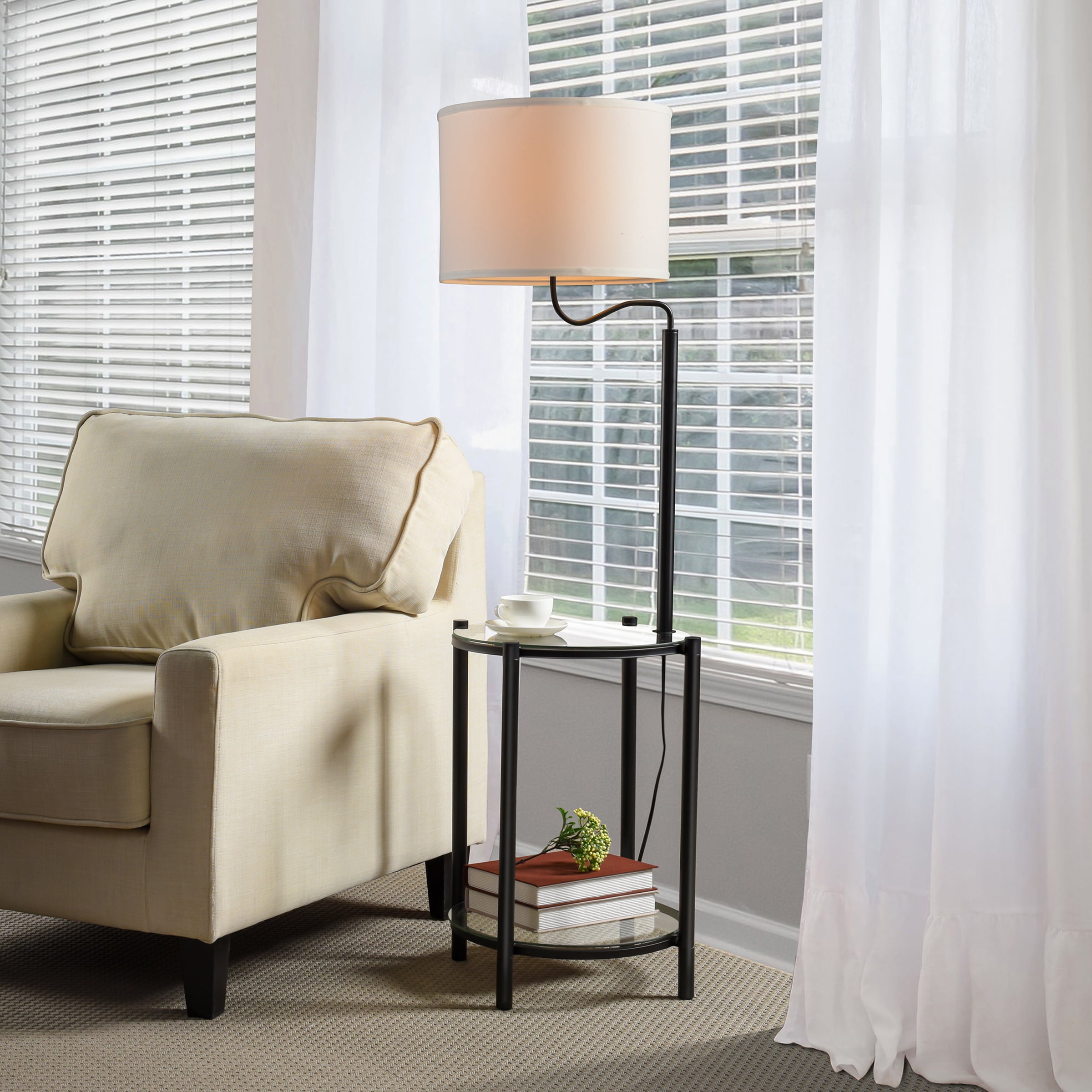 Mainstays Glass End Table Floor Lamp with White Shade, Matte Black, 17"L x 17"W x 54"H
