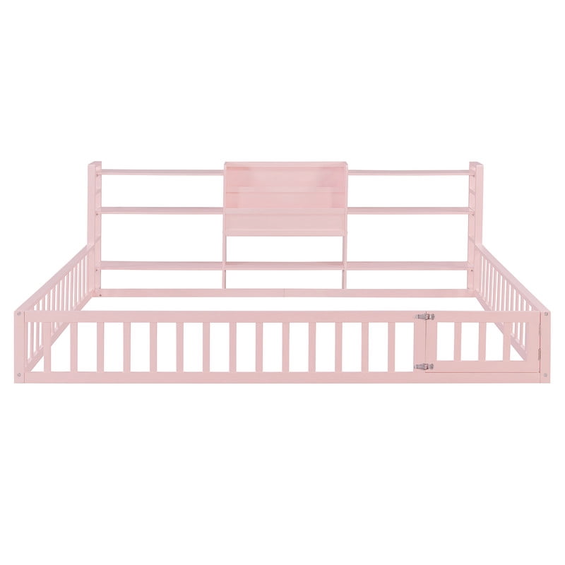 Queen Size Floor Bed Montessori Bed with Integrated Bookcase and 3-Tier Storage Shelves, Wooden Low Profile Toddler Bed Platform Bed with Safety Guardrails for Boys Girls