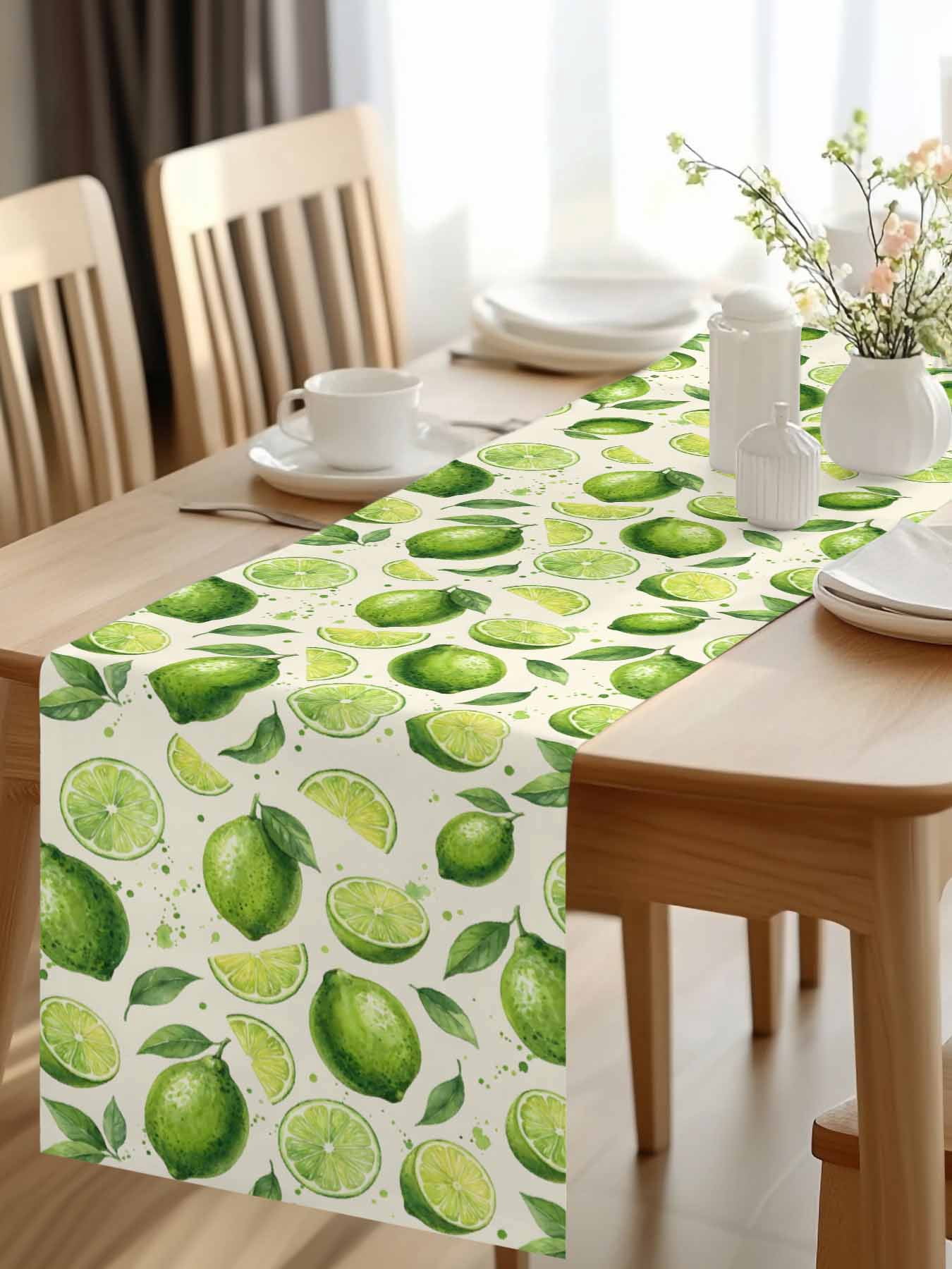 Summer Fruit Table Runner, Watercolor Green Lemon Lime Slice Leaf Rustic Washable Cotton-linen Table Runners Dining Kitchen Decoration for Everyday Home Wedding Party Decor, 13 x 90 Inch