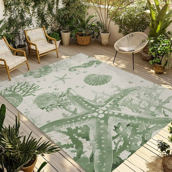 Fsddascl Sage Green Starfish Outdoor Rug for Patio/Deck/Porch, Non-Slip Large Area Rug 4 x 6 Ft, Coastal Nautical Seahorse Conch Indoor Outdoor Rugs Washable Area Rugs, Reversible Camping Rug Carpet