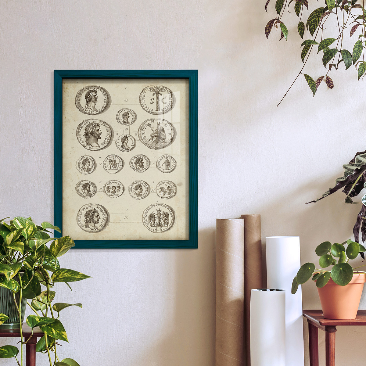 Antique Roman Coins IV -Framed Print w/glass-Ocean Blue