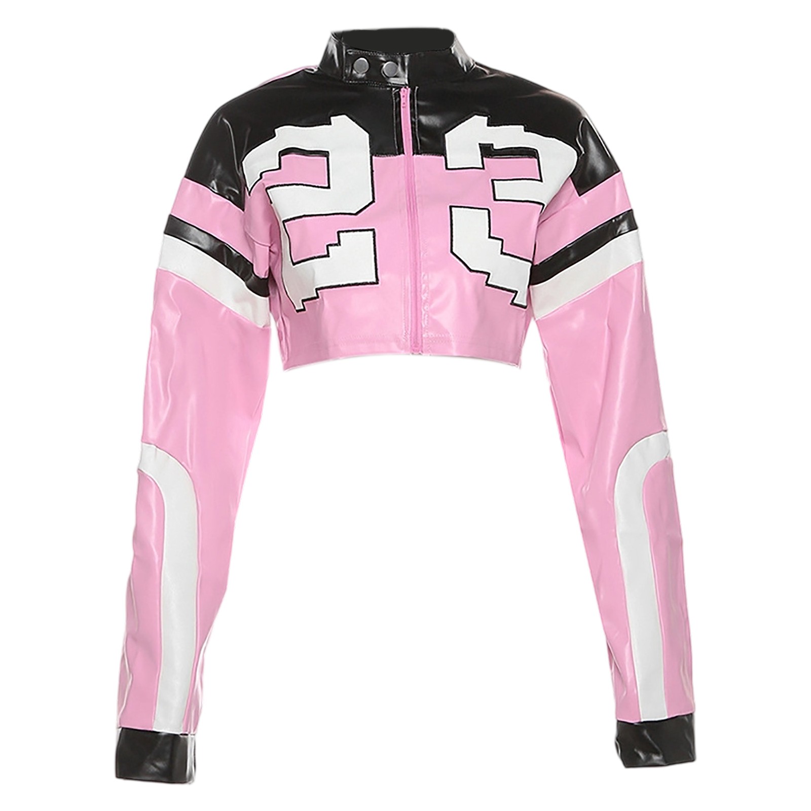 Wovix Faux Leather For Women Cropped Jacket Motorcycle Coat Y2K Letter Bomber Outerwear Long Sleeve Trendy Soft Tops Streetwear