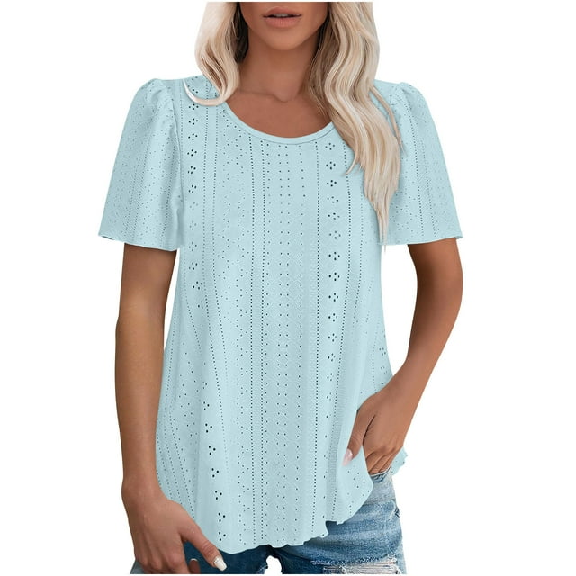 Plebaso Chemises à Œillets pour Femmes Manches Courtes Col Rond Blouses Habillées Décontractées Couleur Unie Tuniques d'Été