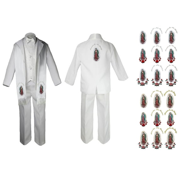 New Born Baby Boy Christening Baptism Formal White Paisley Suit Silver Mary on Stole & Back SM-20