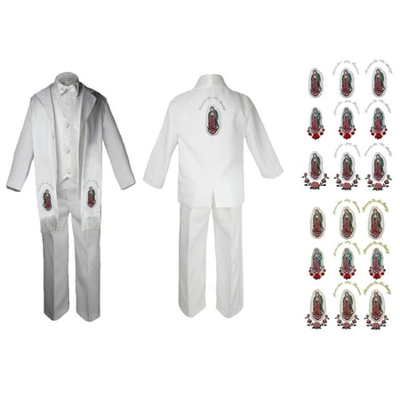 

New Born Baby Boy Christening Baptism Formal White Paisley Suit Silver Mary on Stole & Back SM-20