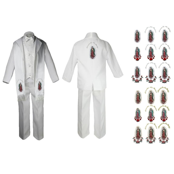 New Born Baby Boy Christening Baptism Formal White Paisley Suit Silver Mary on Stole & Back SM-20