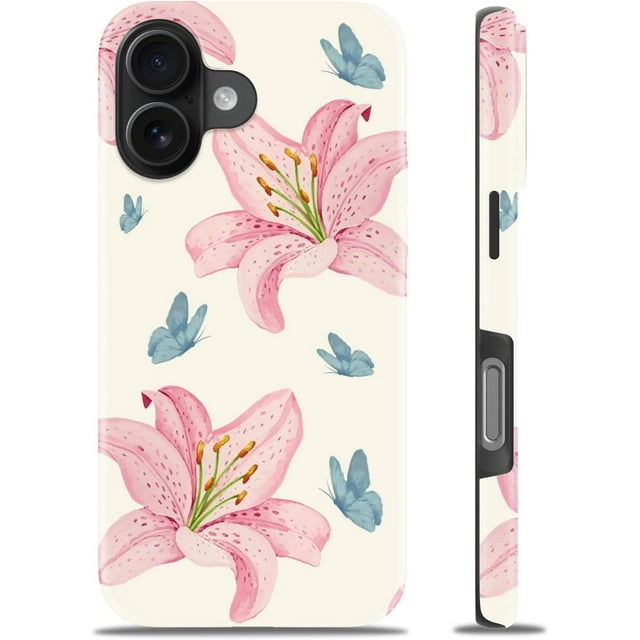 Étui pour iPhone 16 - Compatible Charge Sans Fil - Étui Rigide à Double Couche & Étui en Silicone - Étui de Protection avec Motifs Mignons de Fleurs Sauvages pour Femmes - Fleur de Lys