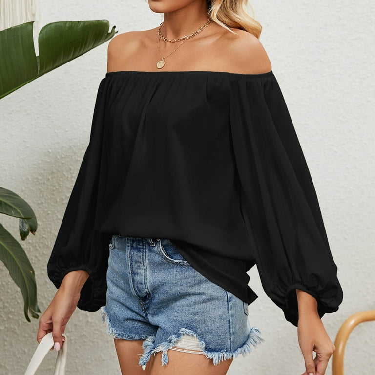 【dium.】DU240712 Design shoulder tops XFLWAM Womens Off Shoulder Tops Long Lantern Sleeve Pleated